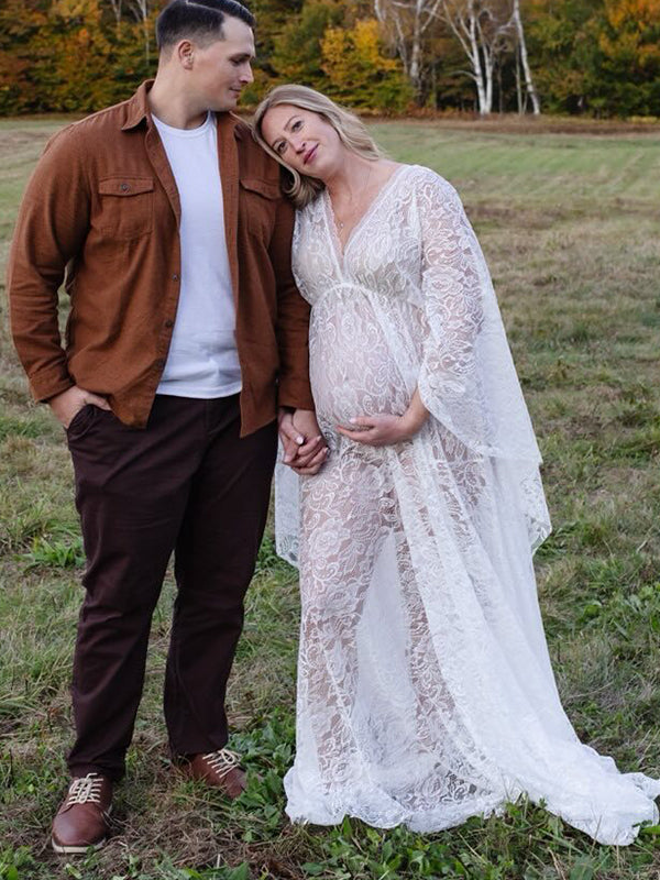 Momsmood Floral Lace Backless Boho Flare Sleeve Pregnant Maternity Photoshoot Maxi Dress