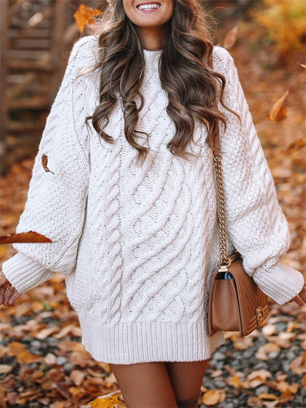 Momsmood White Oversized Cable Knitting Streetwear Mini Maternity Pullover Sweater