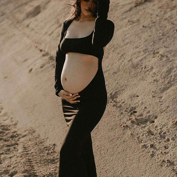 Momsmood Black Cut Out Mermaid Crop Long Sleeve Backless Bodycon Cocktail Club Party Photoshoot Maternity Maxi Dress