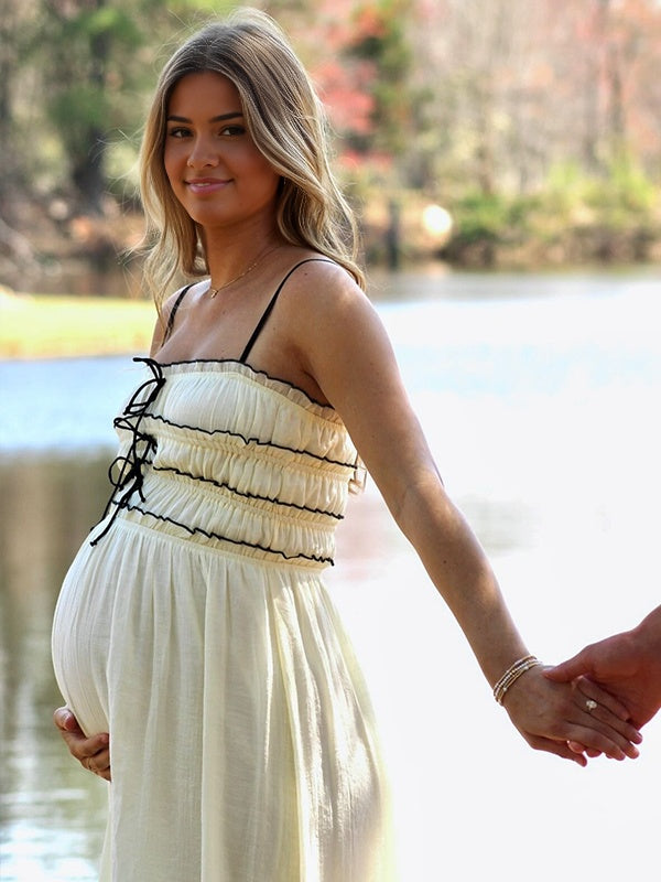 Momsmood  White lace-up Spaghetti Strap Splicing Party Vacation Party Baby Shower Maternity Photoshoot Maxi Dress