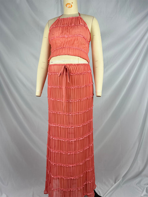 Momsmood Lotus Pink 2-in-1 Smocked Halter Neck Backless Vacation Boho Photoshoot Baby Shower Maternity Maxi Dress