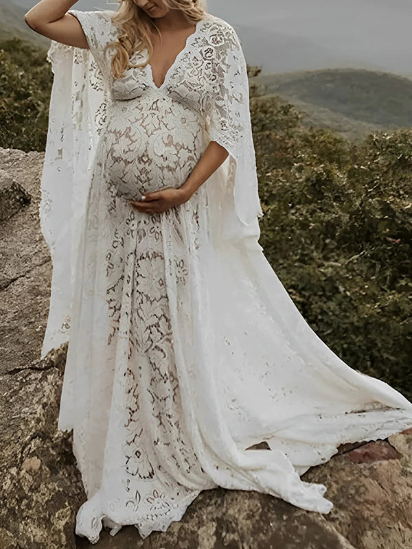 Momsmood Floral Lace Backless Boho Flare Sleeve Pregnant Maternity Photoshoot Maxi Dress