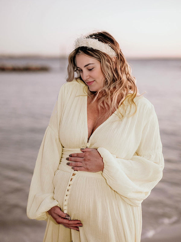 Momsmood Ivory White Single Breasted Open Front Big Swing Deep V-neck Robe Elegant Wedding Gown Maternity Boho Photoshoot Maxi Dress