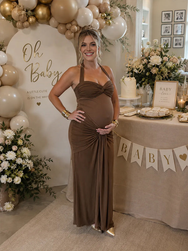 Brown Backless Ruched Mesh Bodycon Maternity Maxi Dress