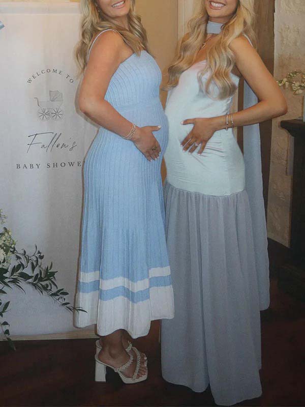 Blue Wrap Chiffon Splicing Flowy Baby Shower Maternity Maxi Dress