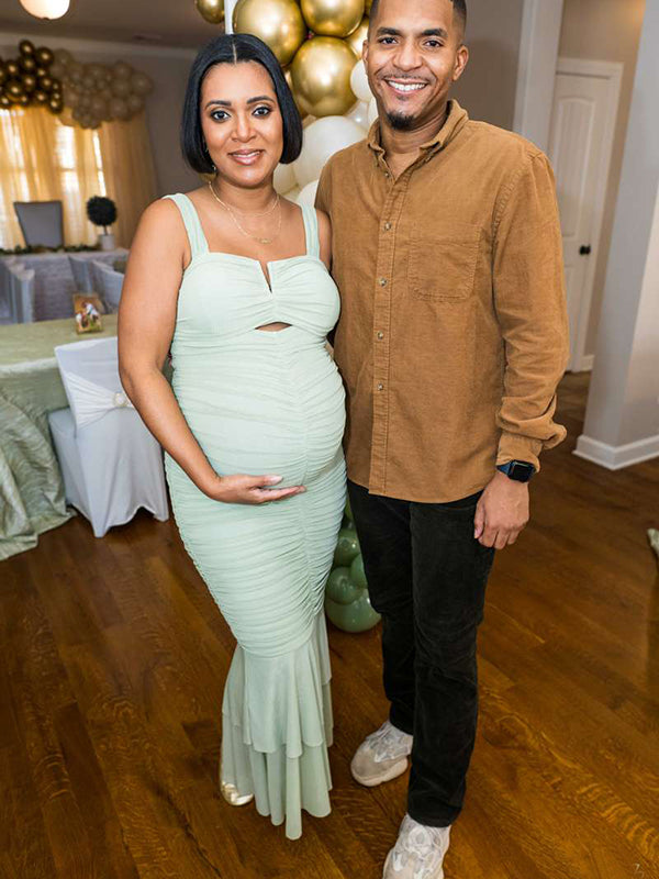 Momsmood Sage Condole Belt Ruched Bodycon Cut Out Mermaid Sleeveless Babyshower Maternity Maxi Dress