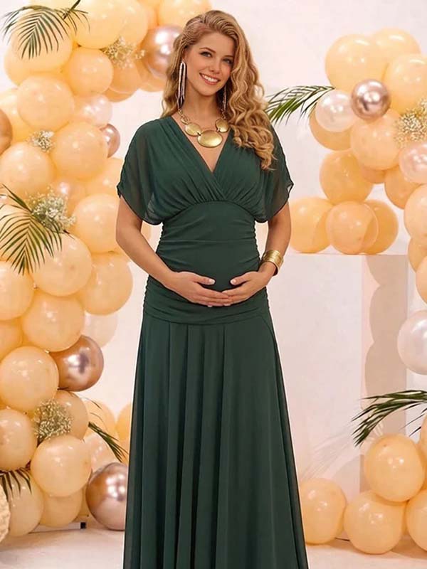 Off Shoulder Ruched Flowy Mesh Maternity Maxi Dress