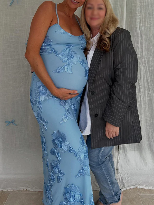 Momsmood Blue Floral Tie Shoulder Strap Cami Bodycon Maternity Maxi Dress