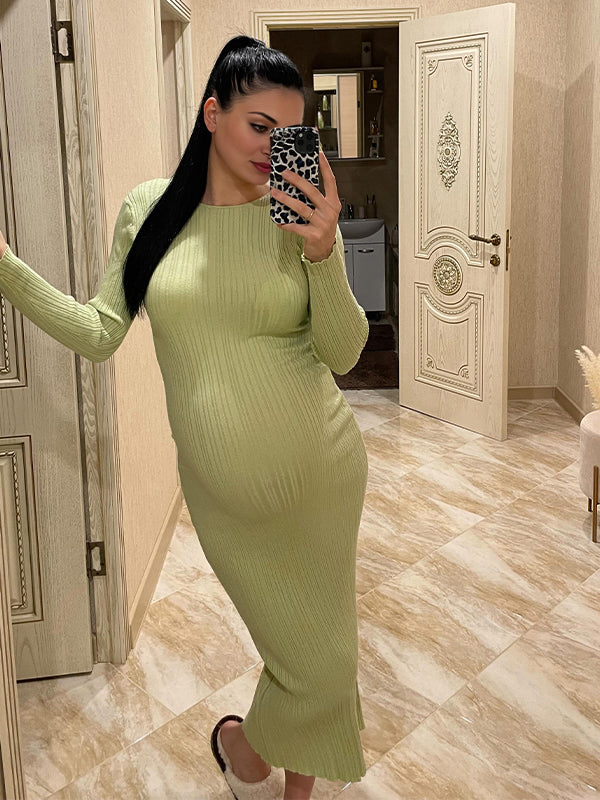 Momsmood Solid Color Long Sleeve Bodycon Daily Going Out Baby Shower Maternity Maxi Dress