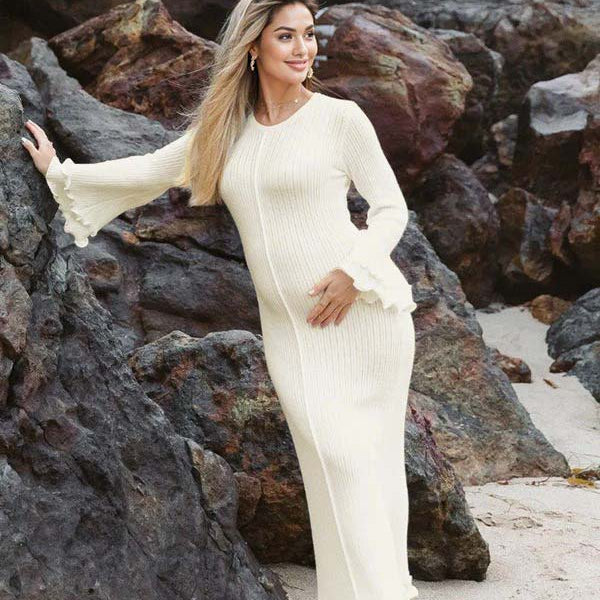 Momsmood White Knit Pleated Tie Back Ruffle Falbala Frill Hem Backless Big Swing Elegant Cocktail Party Gown Maternity Photoshoot Baby Shower Maxi Dress