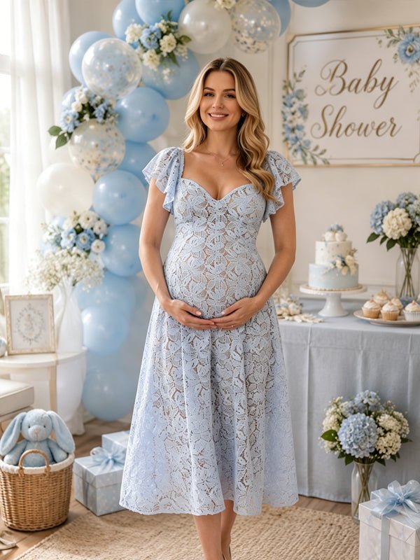 Lace High Waisted Backless Puff Sleeve A-Line Maternity Midi Dress