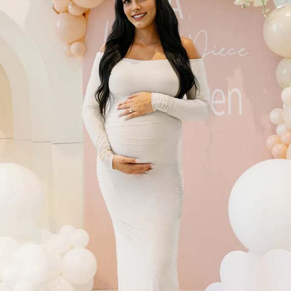 Momsmood White Off Shoulder Ruched Baby Shower Maternity Maxi Dress
