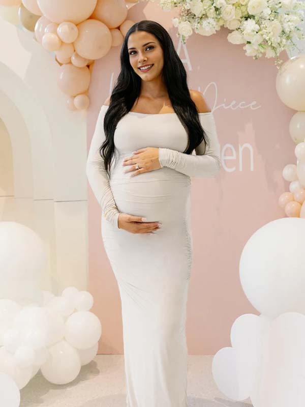Momsmood White Off Shoulder Ruched Baby Shower Maternity Maxi Dress