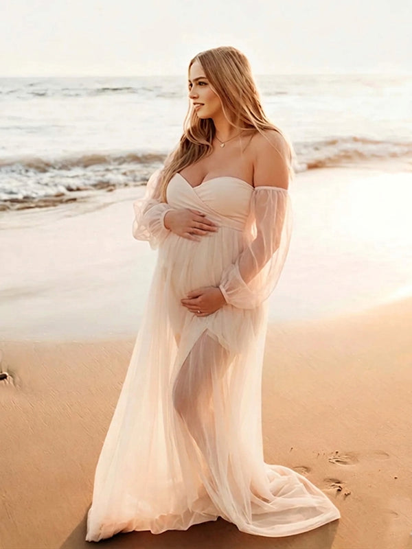 Elegant Bohemian Off Shoulder Lace Flowy Maternity Maxi Dress Side Slit