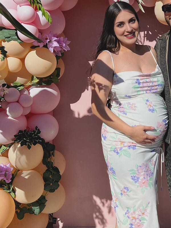 Momsmood  Apricot Spaghetti Strap Stamp Duty Open Back Drawstring Side Slit Banquet Vacation Baby Shower Maternity Photoshoot Maxi Dress