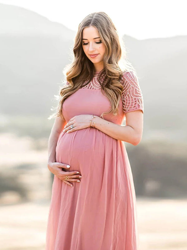 Momsmood Maternity Patchwork Lace Beading Pleated Elegant Baby Shower Photoshoot Smocked Maxi Dress