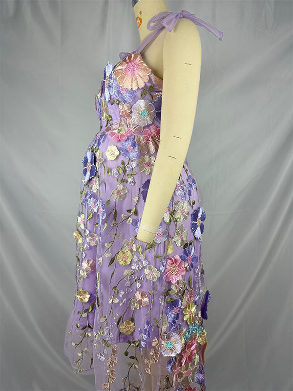 Momsmood Embroidery Flowers Tutu Grenadine Baby Shower Maternity Maxi Dress