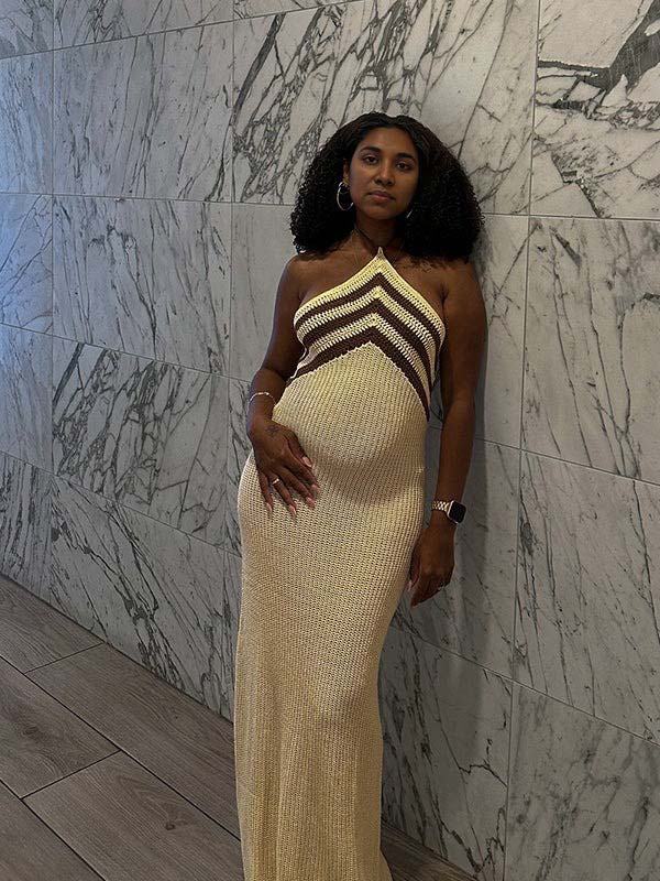 Momsmood Apricot Halter Neck Striped Bodycon Beach Vacation Maternity Photoshoot Maxi Dress