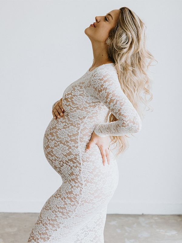 Momsmood White Lace Sheer Bodycon Elegant Cocktail Party Maternity Baby Shower Maxi Dress