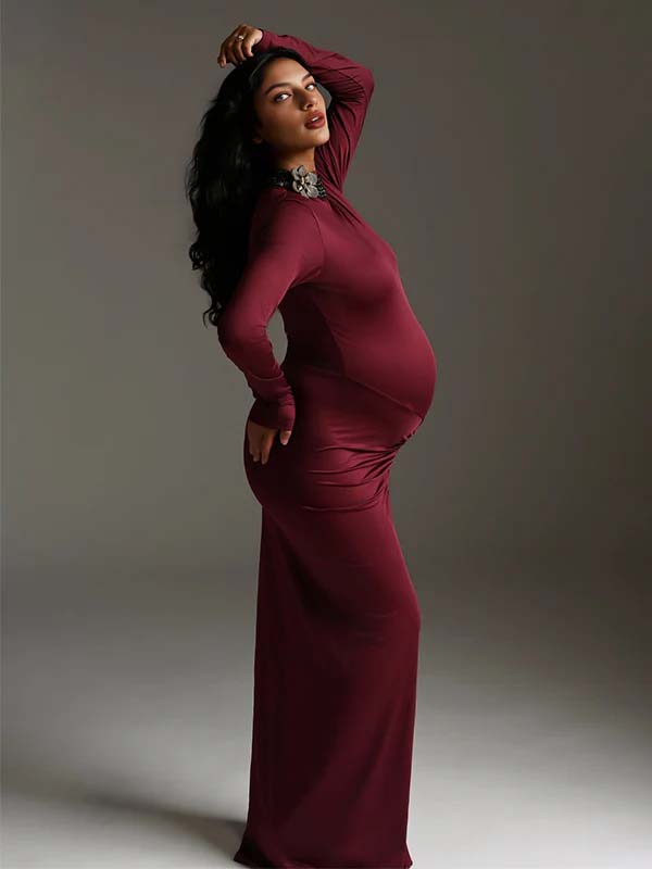 Momsmood Wine Red Ruched Photoshoot Maternity Maxi Dress