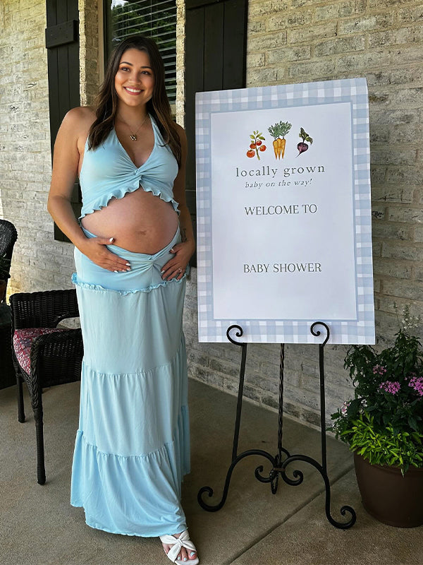 Blue 2-in-1 Ruffle Twist Backless Baby Shower Maternity Maxi Dress