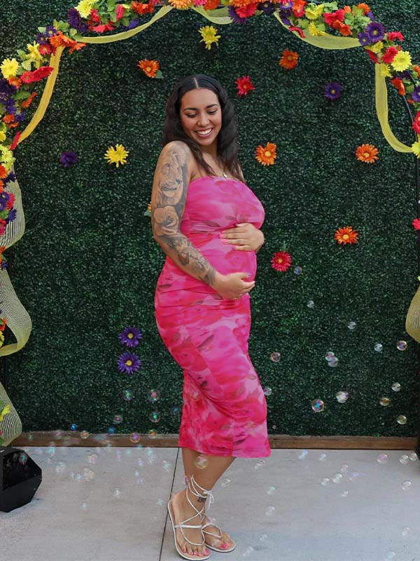 Momsmood Floral Side Slit Bandeau Tube Bodycon Baby Shower Maternity Maxi Dress