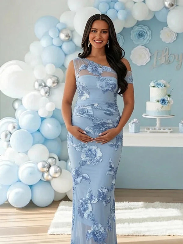 Blue Bodycon One Shoulder Mesh Floral Embroidery Maternity Maxi Dress