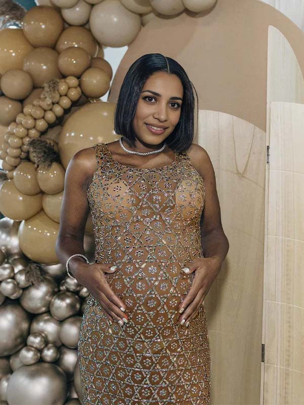 Momsmood Diamond Sparkly Rhinestone Back Slit Mesh Sheer Elegant Photoshoot Baby Shower Maternity Maxi Dress