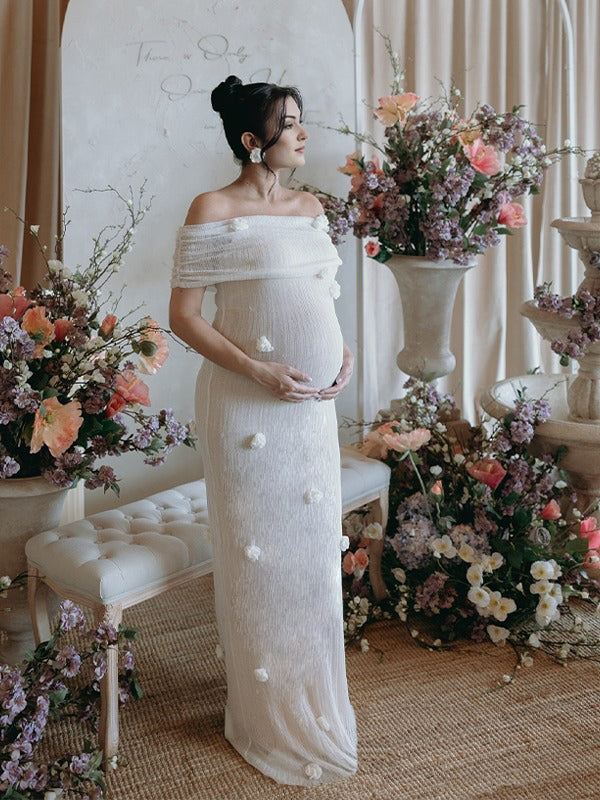 Momsmood White Off Shoulder 3D Flowers Grenadine Sheer Bodycon Elegant Beach Photoshoot Baby Shower Maternity Maxi Dress
