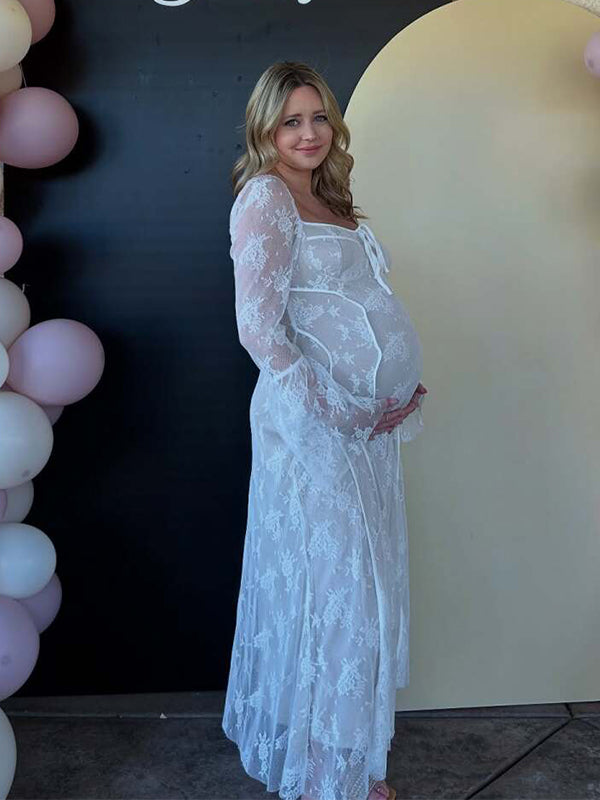 Momsmood White Lace Corset Square Neck Flare Sleeve Off Shoulder Bodycon Maternity Maxi Dress/Gown