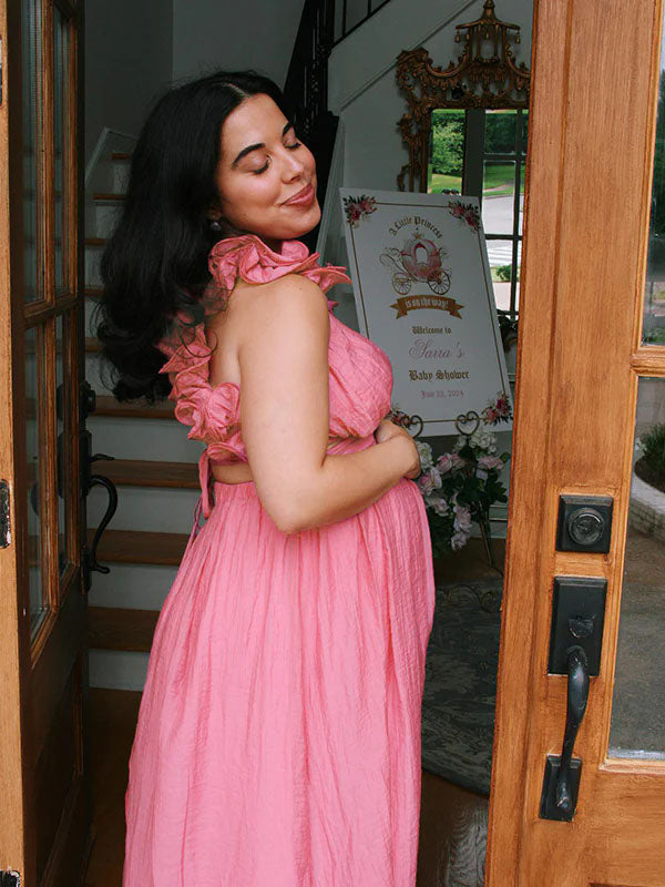 Momsmood Pink Tulle Splicing Ruffle Pleated Tie Back V-Neck High Waist Cocktail Party Gowns Cute Baby Shower Maternity Maxi Dress