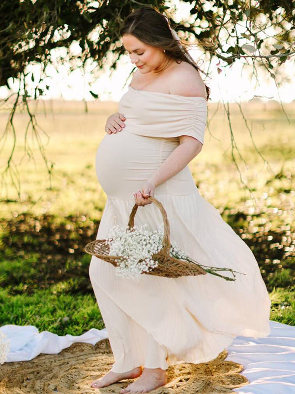 Apricot Off Shoulder Drop Waist Maternity Maxi Dress