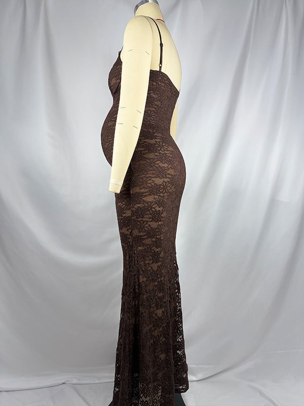 Momsmood Coffee Lace Hollow Out Cami V-neck Maternity Maxi Dress