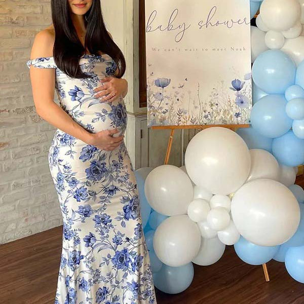 Blue Floral Off Shoulder Mermaid Maternity Baby Shower Maxi Dress
