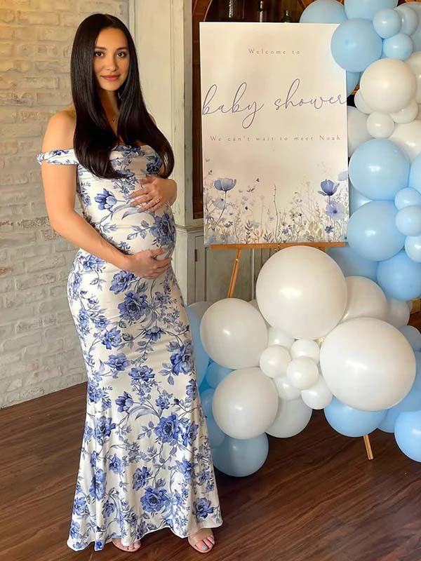 Blue Floral Off Shoulder Mermaid Maternity Baby Shower Maxi Dress