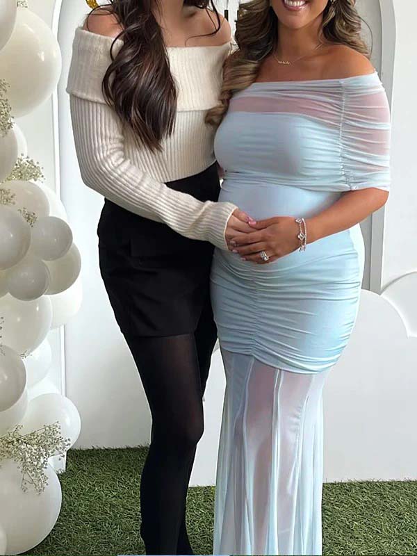 Momsmood Light Blue Mesh Off Shoulder Ruched Mermaid Elegant Maternity Baby Shower Maxi Dress