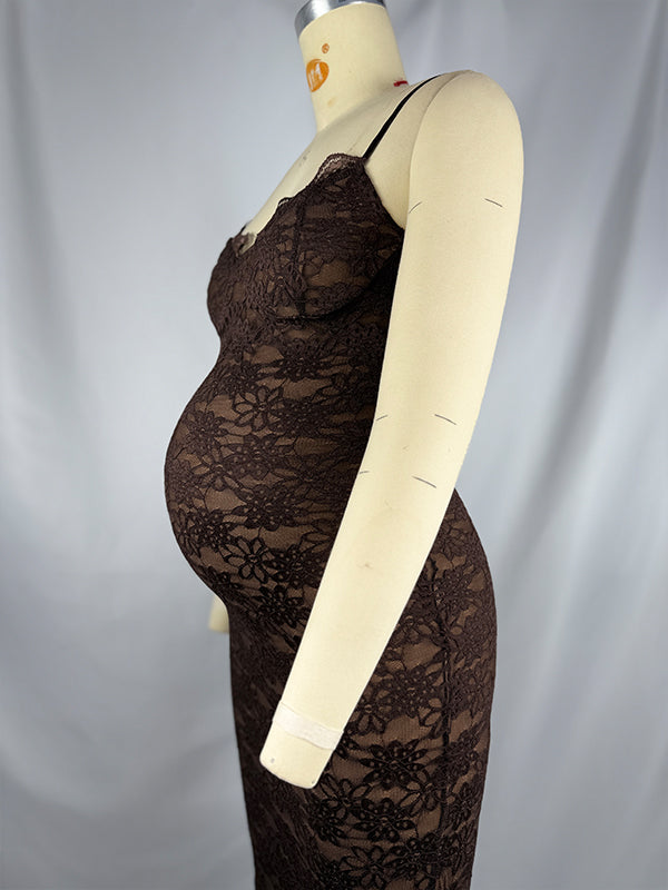 Momsmood Coffee Lace Hollow Out Cami V-neck Maternity Maxi Dress