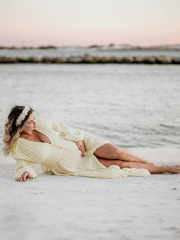 Momsmood Ivory White Single Breasted Open Front Big Swing Deep V-neck Robe Elegant Wedding Gown Maternity Boho Photoshoot Maxi Dress