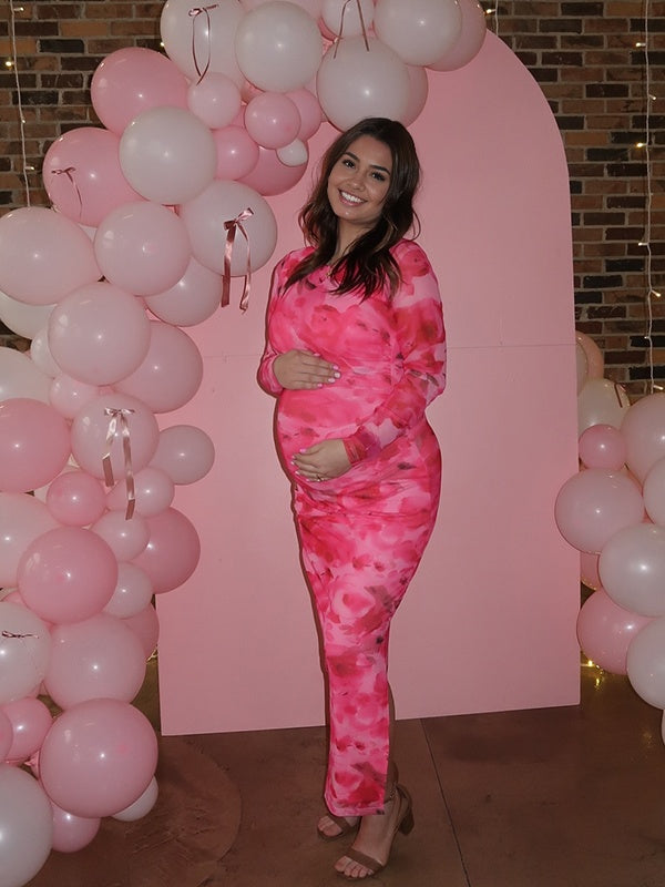 Momsmood  Pink Stamp Duty Side Slit Bodycon Banquet Going out Baby Shower Maternity Photoshoot Maxi Dress