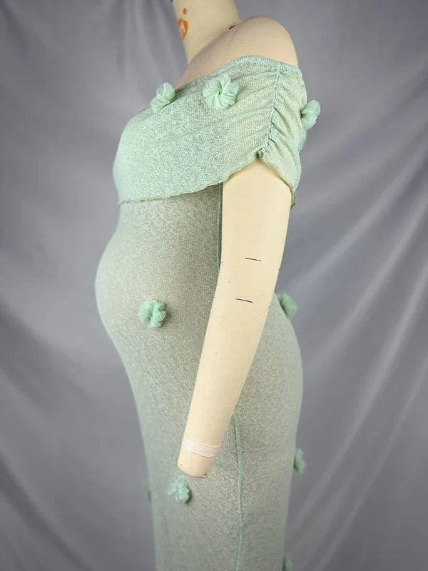 Momsmood Matcha Knit 3D Flowers Off Shoulder Elegant Maternity Maxi Dress