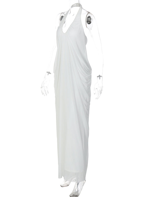 White Halter Neck V-Neck Backless Ruched Mesh Maternity Maxi Dress