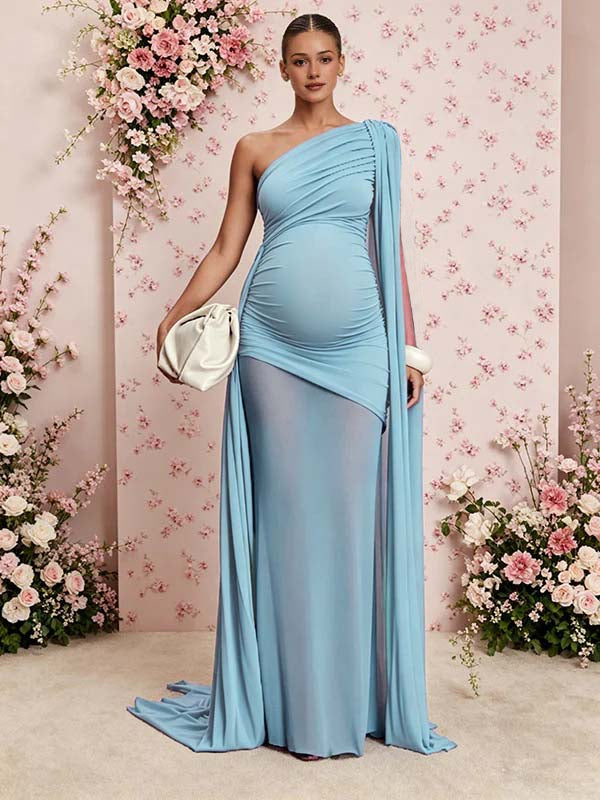 Blue One Shoulder Ruched Mesh Draped Maternity Maxi Dress