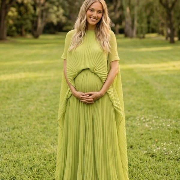 Light Green Pleated Batwing Sleeve Backless Lace Up Maternity Maxi Dress