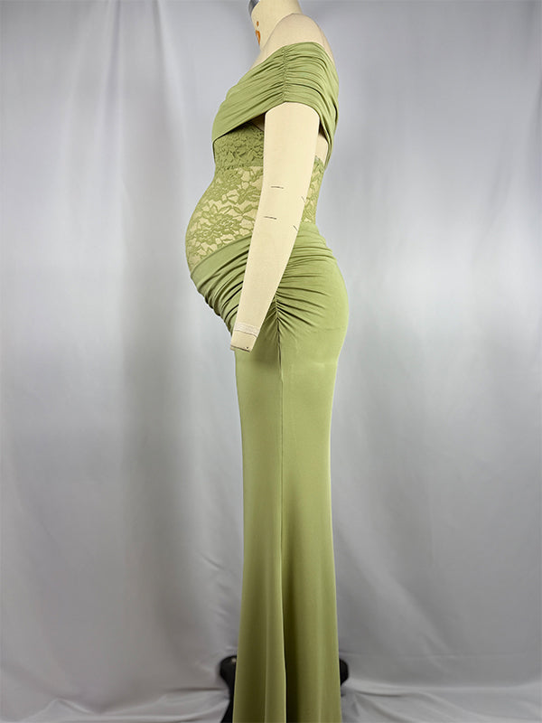 Momsmood Green Off Shoulder Lace Sheer Splicing Ruched Baby Shower Maternity Maxi Dress