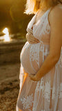 Momsmood Maternity Evening Tulle Embroidery Plunging Neckline Cami Boho Photoshoot Maxi Dress