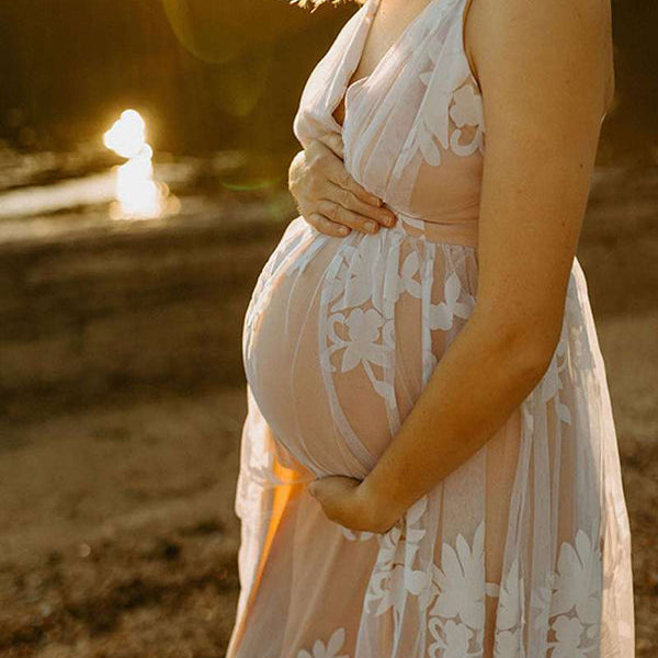 Momsmood Maternity Evening Tulle Embroidery Plunging Neckline Cami Boho Photoshoot Maxi Dress