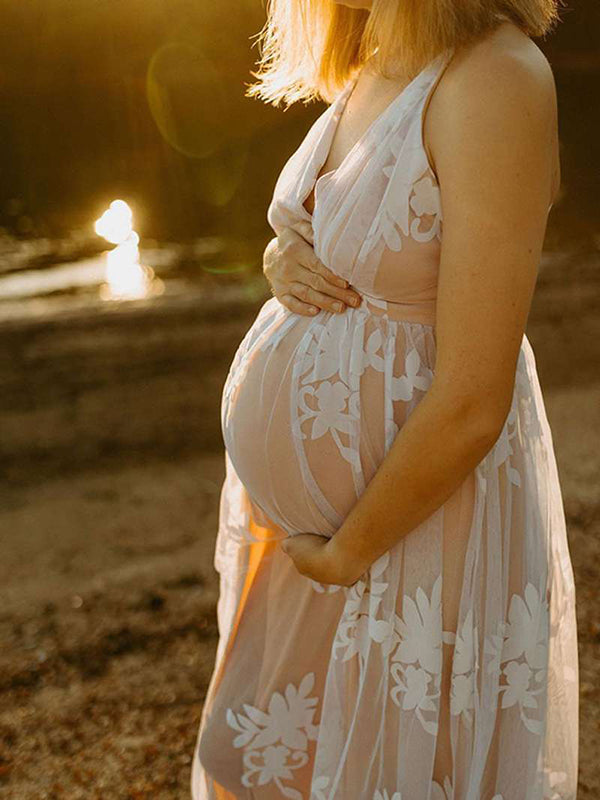 Momsmood Maternity Evening Tulle Embroidery Plunging Neckline Cami Boho Photoshoot Maxi Dress