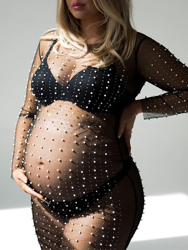 Momsmood Mesh Solid Color Beading Pearl Rhinestone Long Sleeve Cover-ups Side Slit Photoshoot Maternity Maxi Dress