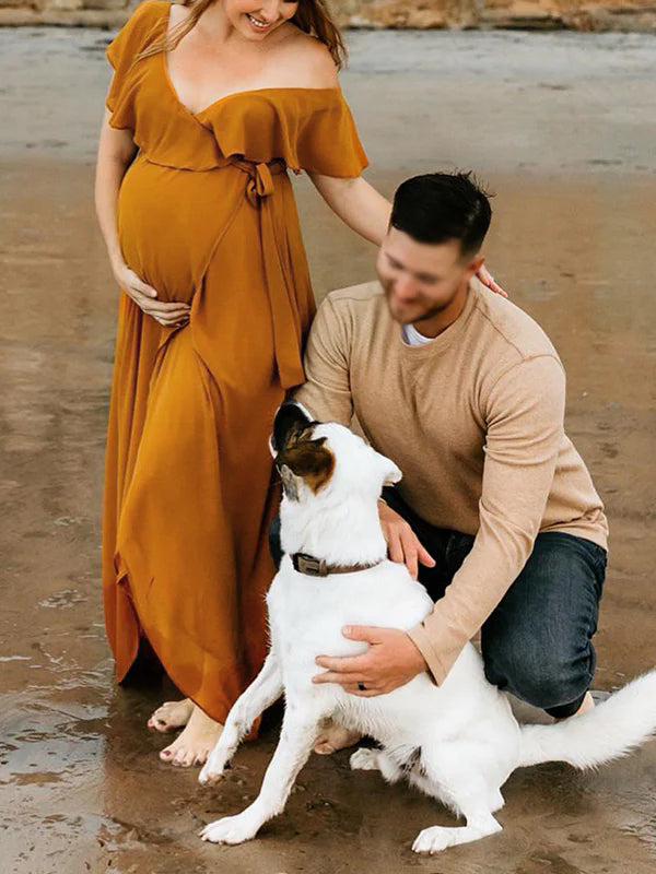 Momsmood Ginger Yellow Flowy Ruffle Falbala Wrap Side Slit Big Swing Elegant Baby Moon Beach Vacation Gown Boho Maternity Photoshoot Baby Shower Maxi Dress