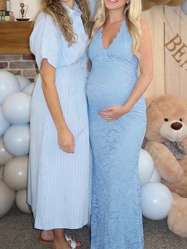 Lace Ruffle Hem Backless Slit Bodycon Maternity Maxi Dress